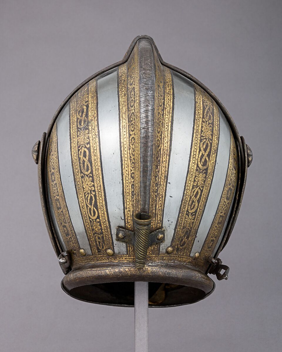 Close Helmet for Foot Combat, Attributed to the Master of the Castle Mark (Italian, Milan, active ca. 1590–1620), Steel, gold, leather, Italian, Milan