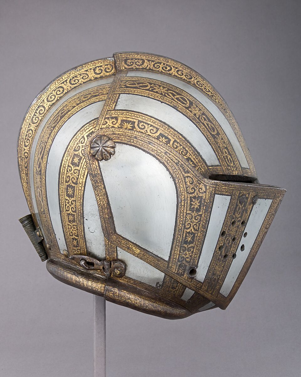 Close Helmet for Foot Combat, Attributed to the Master of the Castle Mark (Italian, Milan, active ca. 1590–1620), Steel, gold, leather, Italian, Milan