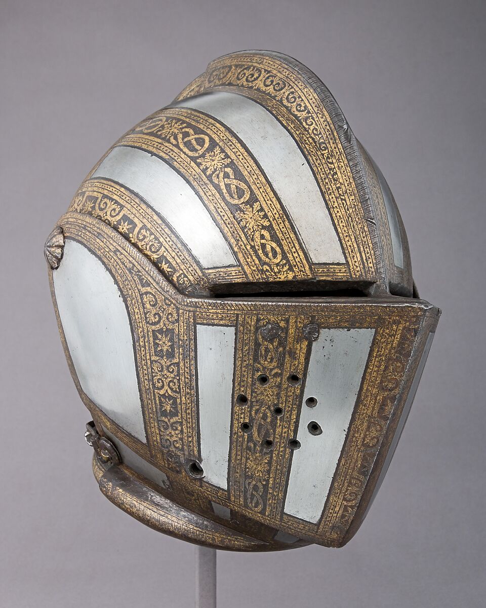 Close Helmet for Foot Combat, Attributed to the Master of the Castle Mark (Italian, Milan, active ca. 1590–1620), Steel, gold, leather, Italian, Milan 