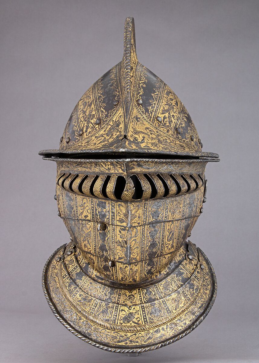 Burgonet with Buffe, Steel, gold, leather, textile, Italian