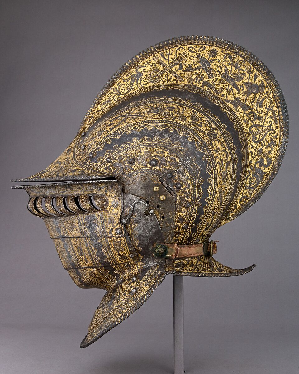 Burgonet with Buffe, Steel, gold, leather, textile, Italian