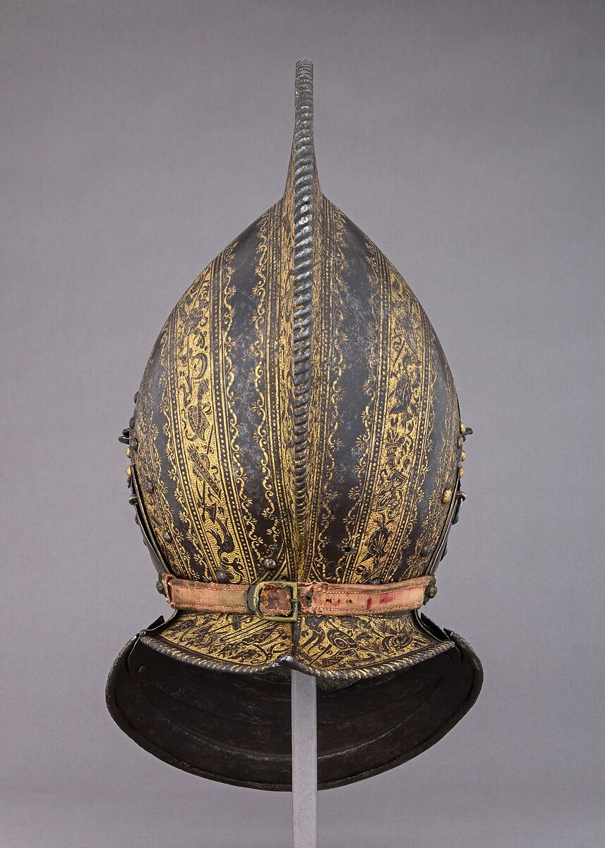 Burgonet with Buffe, Steel, gold, leather, textile, Italian