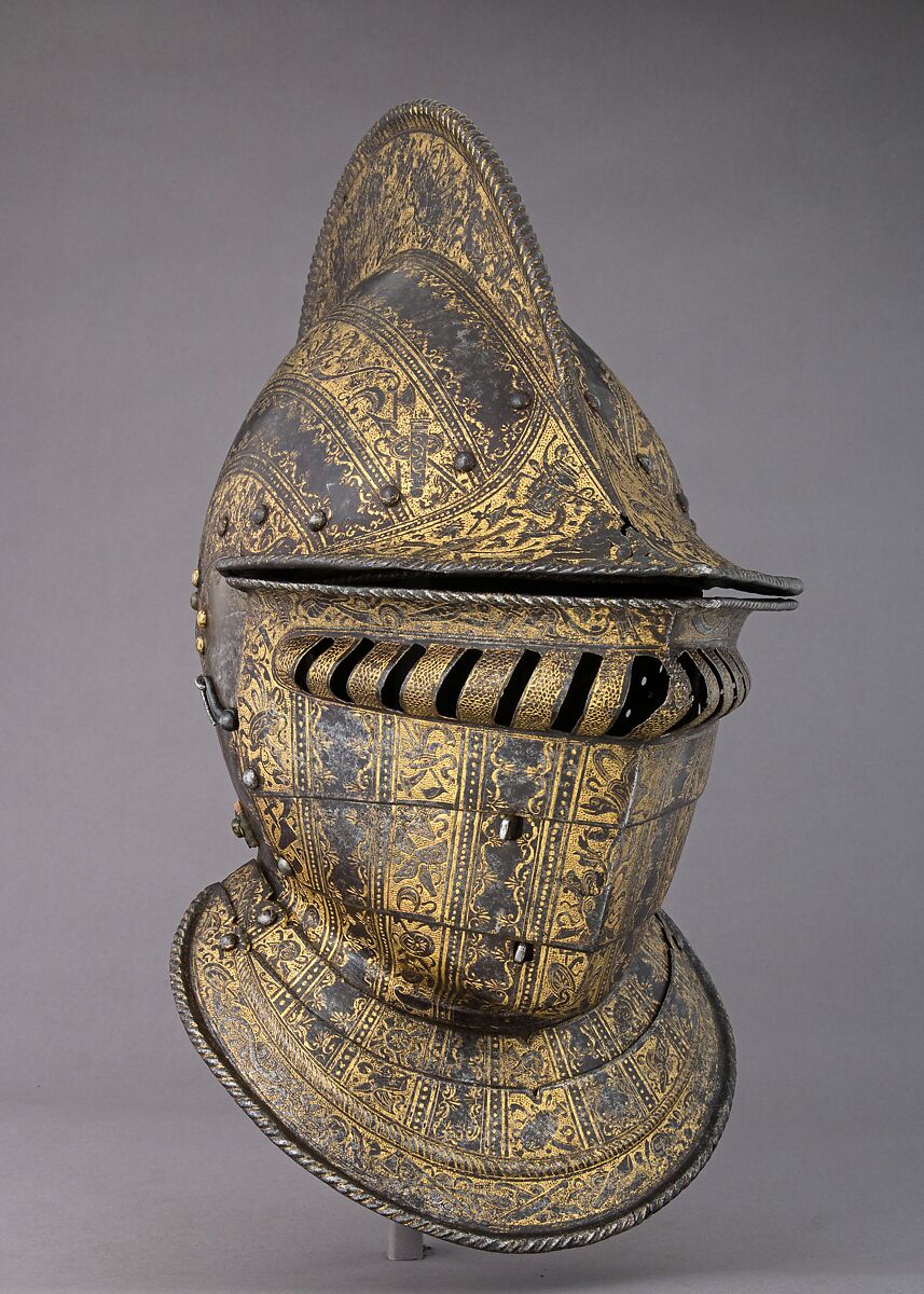 Burgonet with Buffe, Steel, gold, leather, textile, Italian