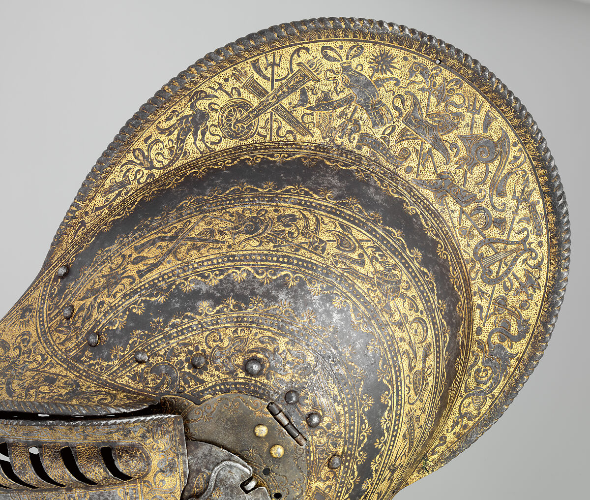 Burgonet with Buffe, Steel, gold, leather, textile, Italian