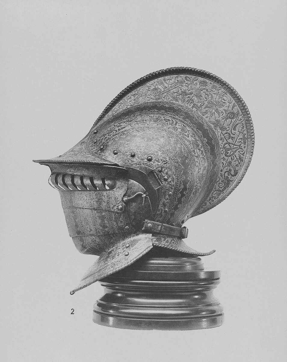 Burgonet with Buffe, Steel, gold, leather, textile, Italian