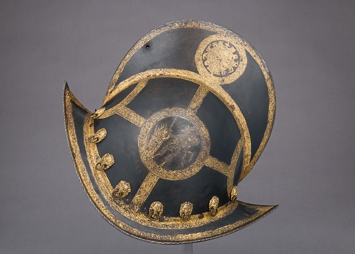 Morion for the Bodyguard of the Prince-Elector of Saxony, Probably Martin Schneider the Younger (German, Nuremberg, active ca. 1610–20), Steel, gold, brass, leather, German, Nuremberg