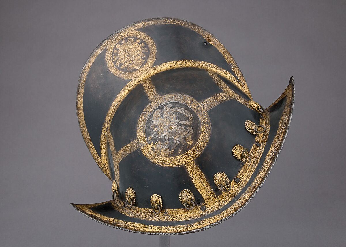 Morion for the Bodyguard of the Prince-Elector of Saxony, Probably Martin Schneider the Younger (German, Nuremberg, active ca. 1610–20), Steel, gold, brass, leather, German, Nuremberg