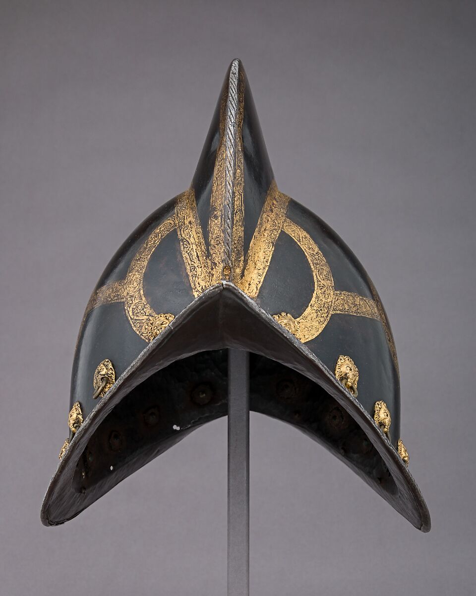 Morion for the Bodyguard of the Prince-Elector of Saxony, Probably Martin Schneider the Younger (German, Nuremberg, active ca. 1610–20), Steel, gold, brass, leather, German, Nuremberg