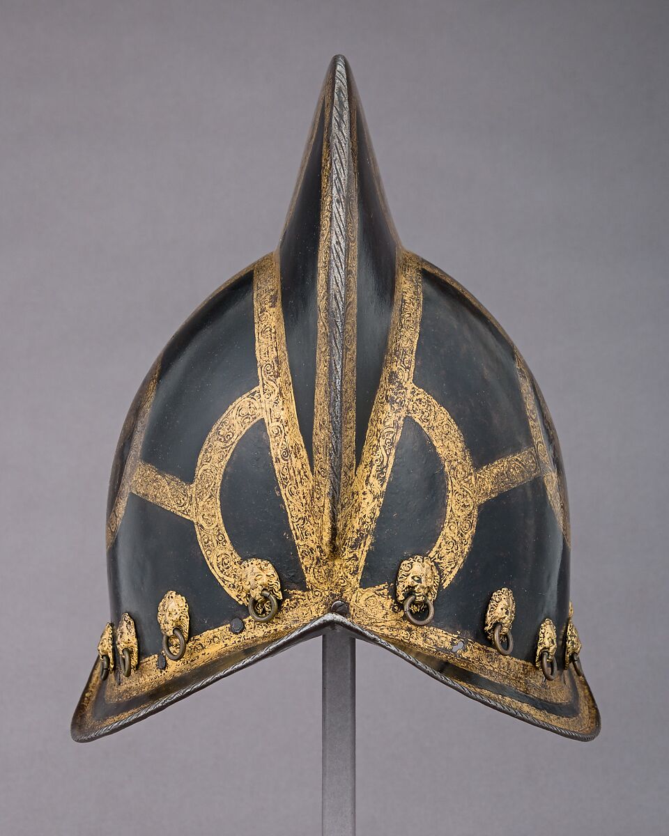 Morion for the Bodyguard of the Prince-Elector of Saxony, Probably Martin Schneider the Younger (German, Nuremberg, active ca. 1610–20), Steel, gold, brass, leather, German, Nuremberg