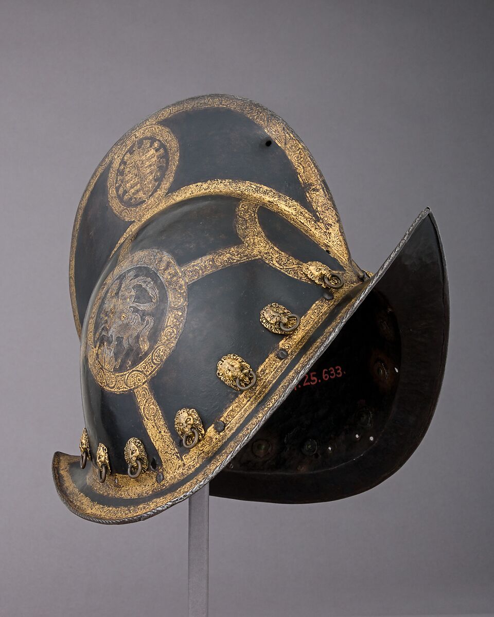 Morion for the Bodyguard of the Prince-Elector of Saxony, Probably Martin Schneider the Younger (German, Nuremberg, active ca. 1610–20), Steel, gold, brass, leather, German, Nuremberg 