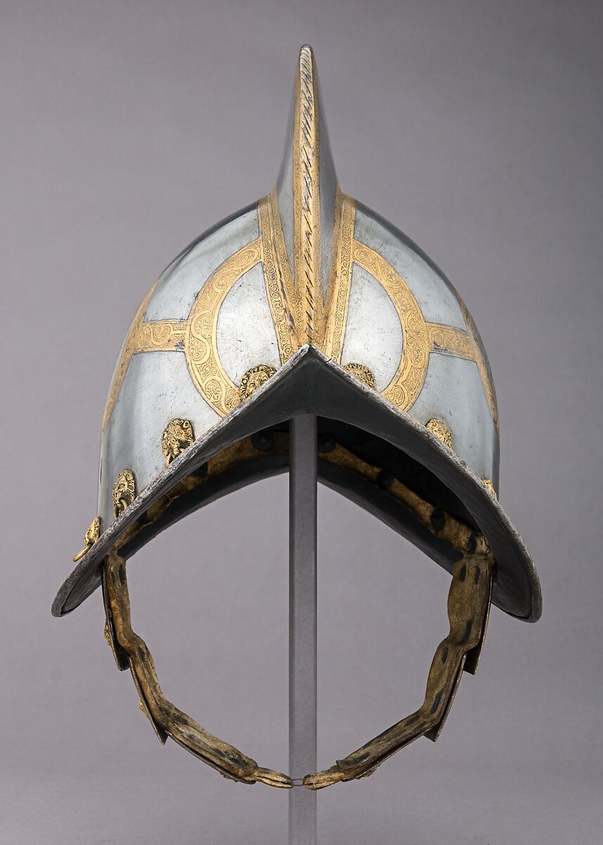 Morion for the Bodyguard of the Prince-Elector of Saxony, Steel, gold, brass, leather, German, Nuremberg