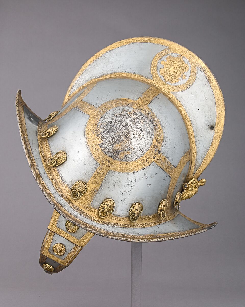 Morion for the Bodyguard of the Prince-Elector of Saxony, Steel, gold, brass, leather, German, Nuremberg