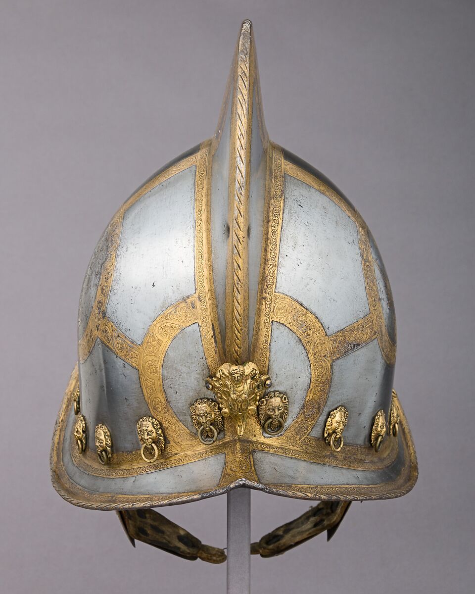 Morion for the Bodyguard of the Prince-Elector of Saxony, Steel, gold, brass, leather, German, Nuremberg