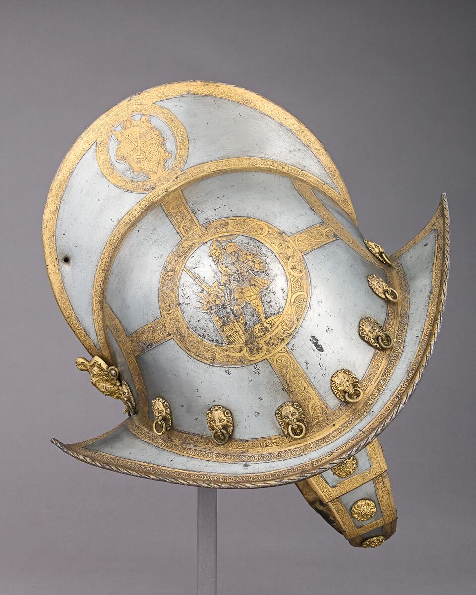 Morion for the Bodyguard of the Prince-Elector of Saxony, Steel, gold, brass, leather, German, Nuremberg