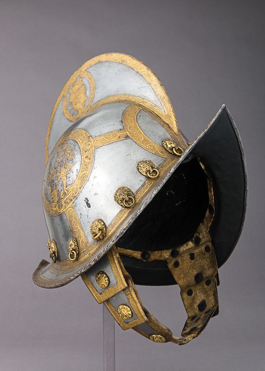 Morion for the Bodyguard of the Prince-Elector of Saxony, Steel, gold, brass, leather, German, Nuremberg 