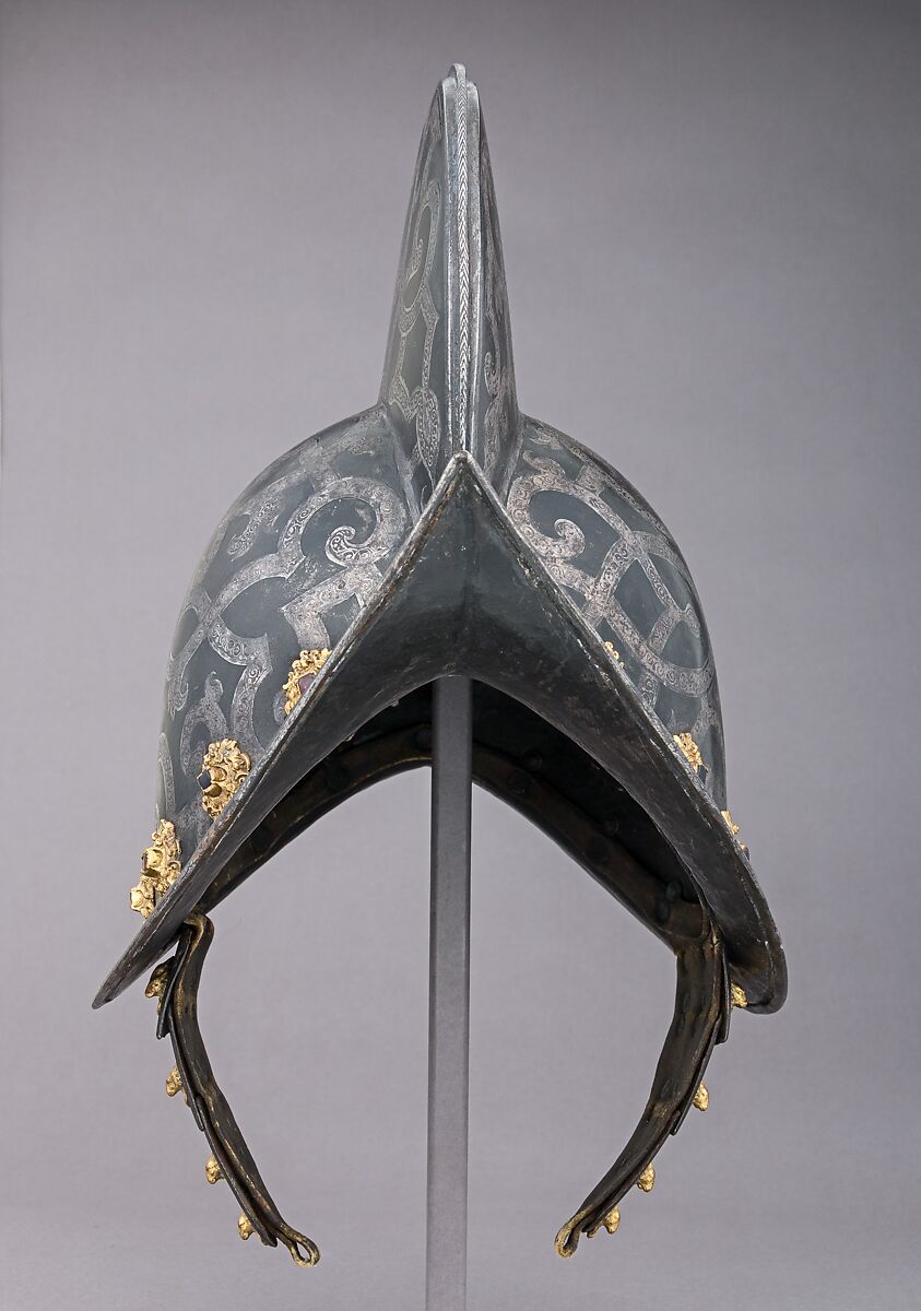 Morion, Steel, silver, pigment,
 brass, gold, glass, German, Nuremberg
