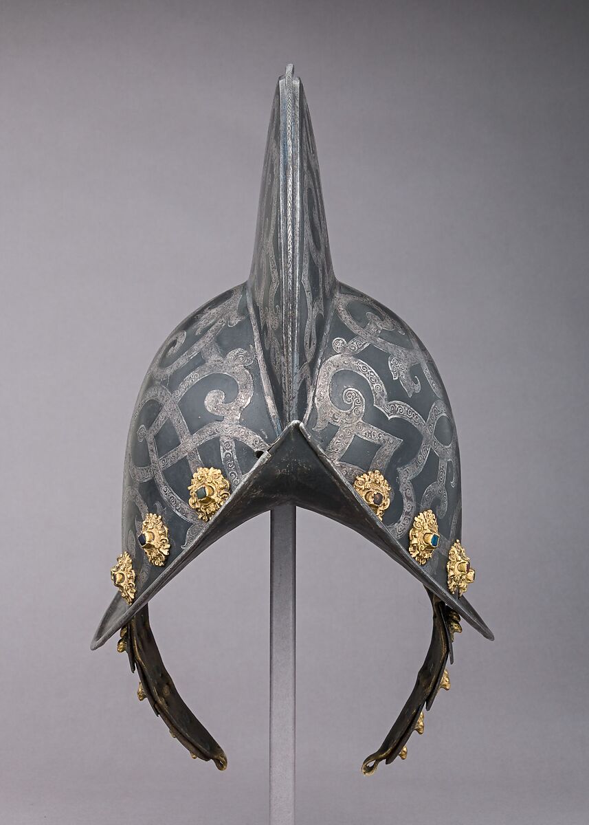 Morion, Steel, silver, pigment,
 brass, gold, glass, German, Nuremberg