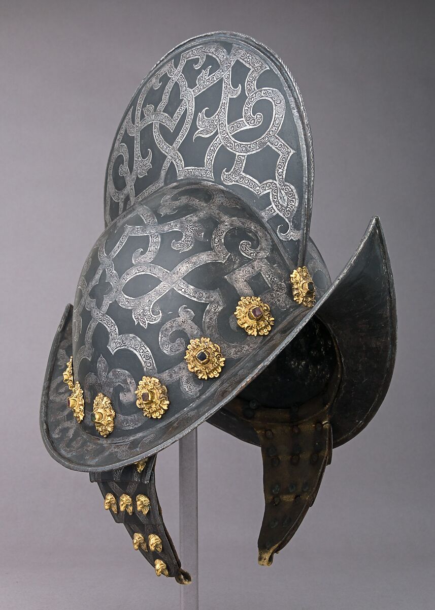Morion, Steel, silver, pigment,
 brass, gold, glass, German, Nuremberg