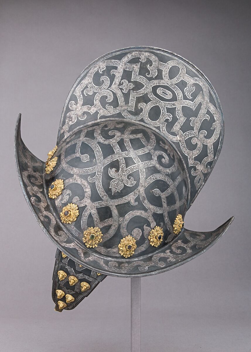 Morion, Steel, silver, pigment,
 brass, gold, glass, German, Nuremberg