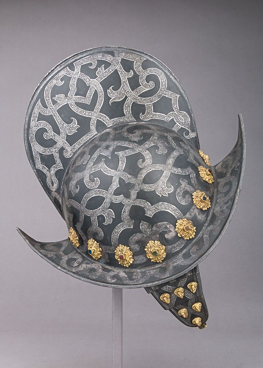 Morion, Steel, silver, pigment,
 brass, gold, glass, German, Nuremberg