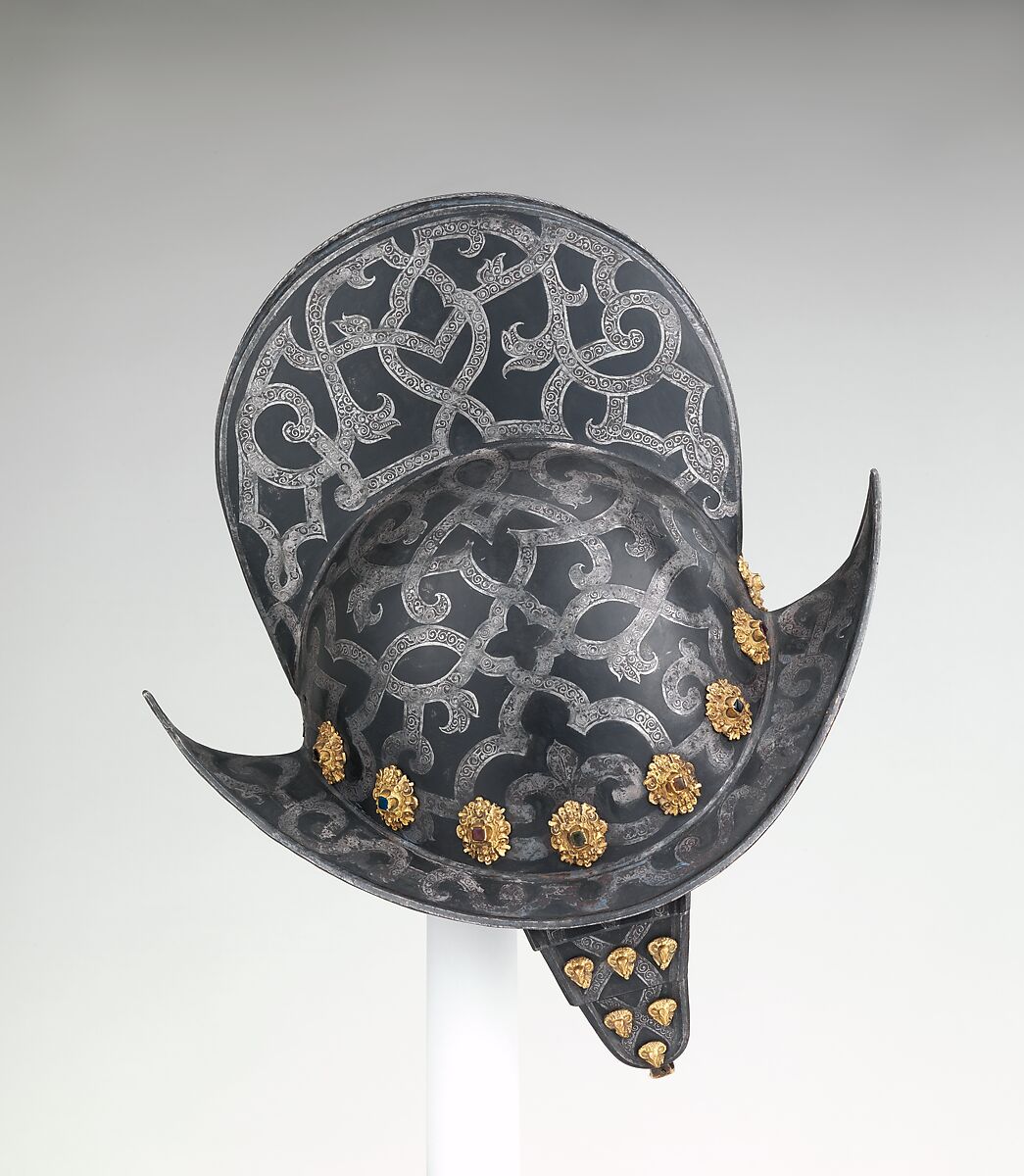 Morion, Steel, silver, pigment,
 brass, gold, glass, German, Nuremberg 