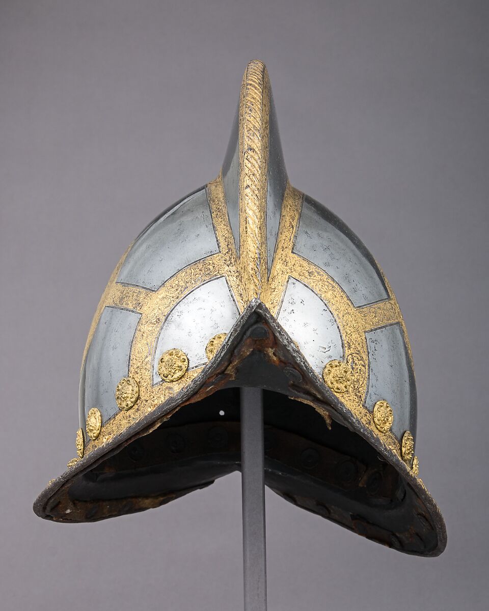 Morion for the Bodyguard of the Prince-Elector of Saxony, Steel, gold, brass, leather, German, Nuremberg