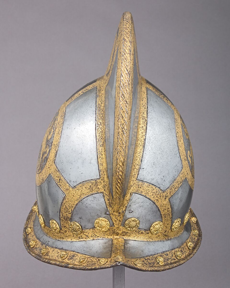 Morion for the Bodyguard of the Prince-Elector of Saxony, Steel, gold, brass, leather, German, Nuremberg