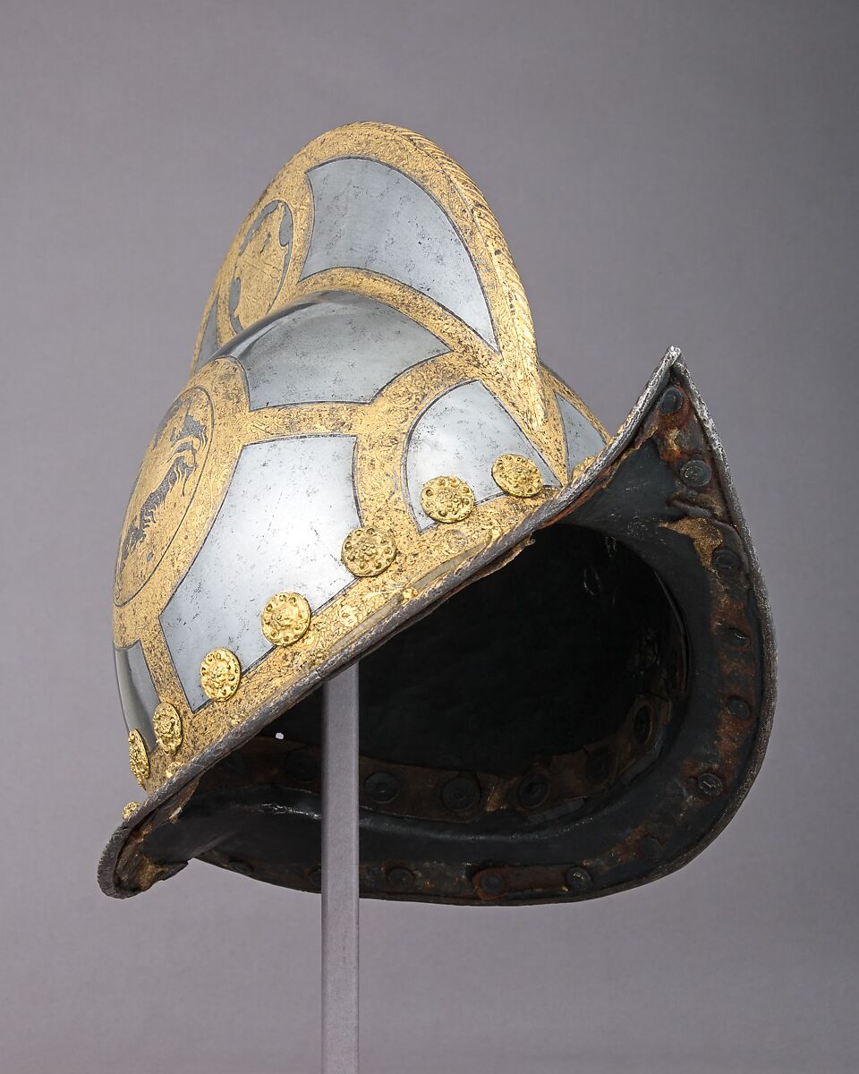 Morion for the Bodyguard of the Prince-Elector of Saxony, Steel, gold, brass, leather, German, Nuremberg