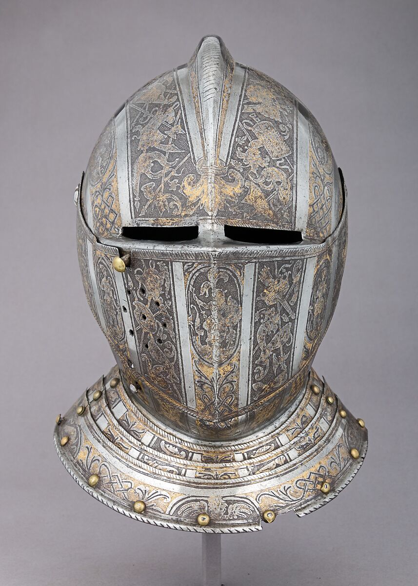 Close Helmet, Attributed to Pompeo della Cesa (Italian, Milan, ca. 1537–1610), Steel, gold, brass, Italian, Milan