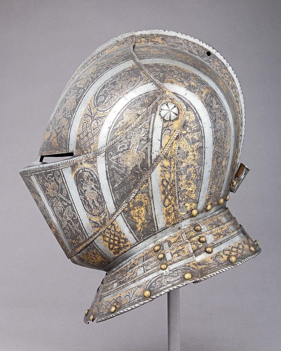 Close Helmet, Attributed to Pompeo della Cesa (Italian, Milan, ca. 1537–1610), Steel, gold, brass, Italian, Milan