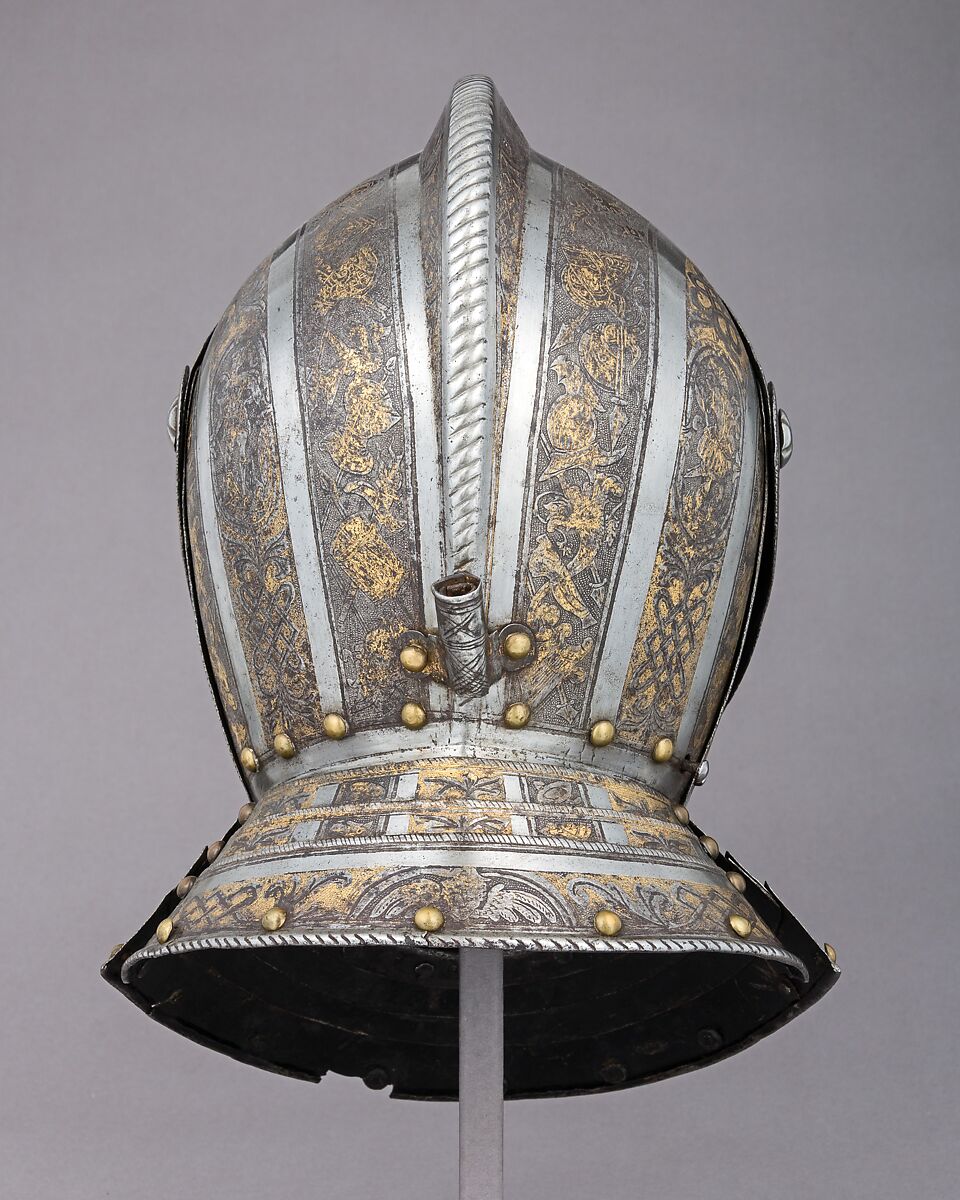 Close Helmet, Attributed to Pompeo della Cesa (Italian, Milan, ca. 1537–1610), Steel, gold, brass, Italian, Milan