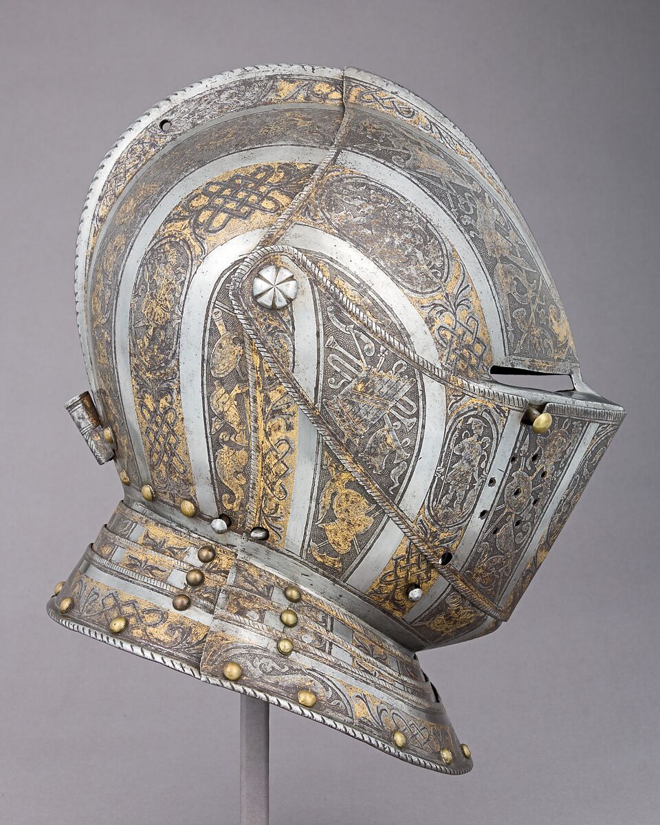 Close Helmet, Attributed to Pompeo della Cesa (Italian, Milan, ca. 1537–1610), Steel, gold, brass, Italian, Milan