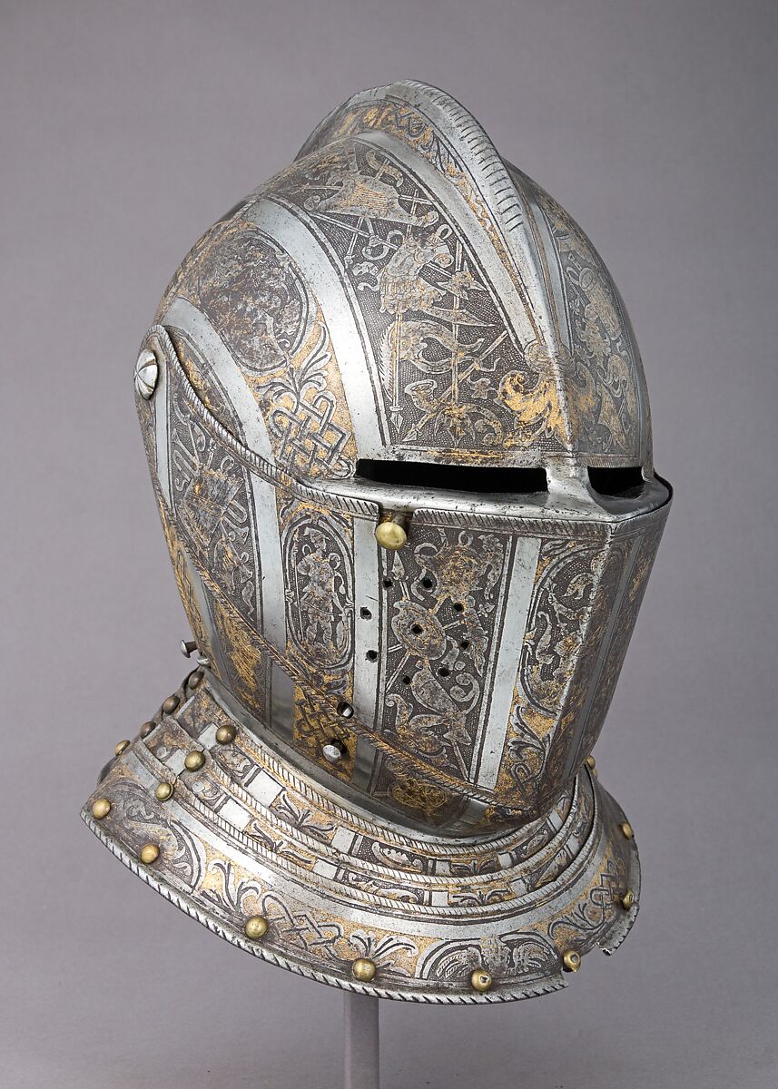 Close Helmet, Attributed to Pompeo della Cesa (Italian, Milan, ca. 1537–1610), Steel, gold, brass, Italian, Milan 