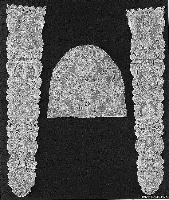 Cap crown and pair of lappets, Bobbin lace, Flemish, Brussels 