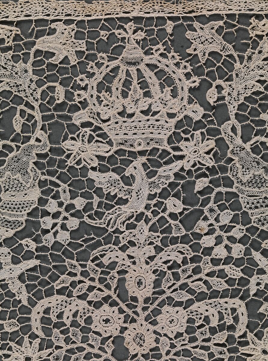 Cravat end, Linen, needle lace (point de France), French