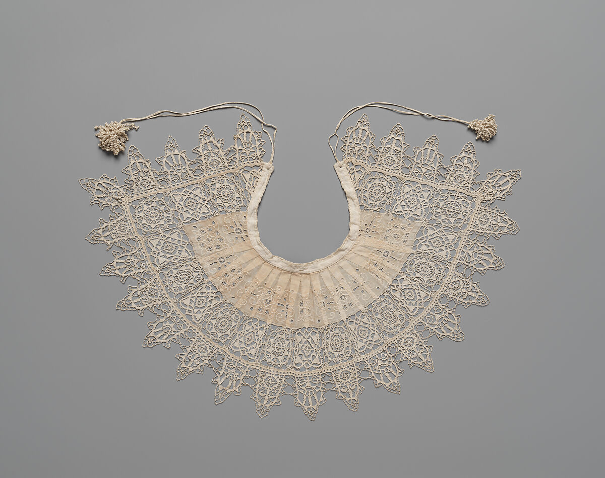 Standing band (collar) with tassels, Cutwork, needle lace, reticello, punto in aria, embroidery, linen, possibly French 