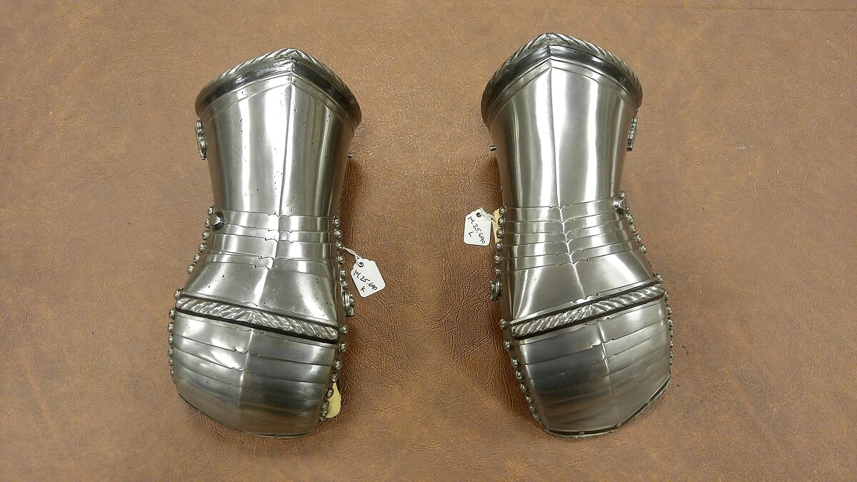 Armor, Steel, leather, German, Landshut; greaves and sabatons, German, Augsburg (?)
