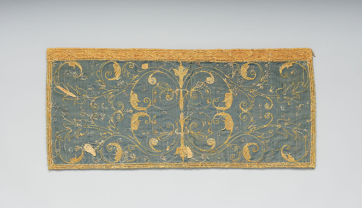 Apparel, Velvet and metal thread, linen cord, silk, possibly French