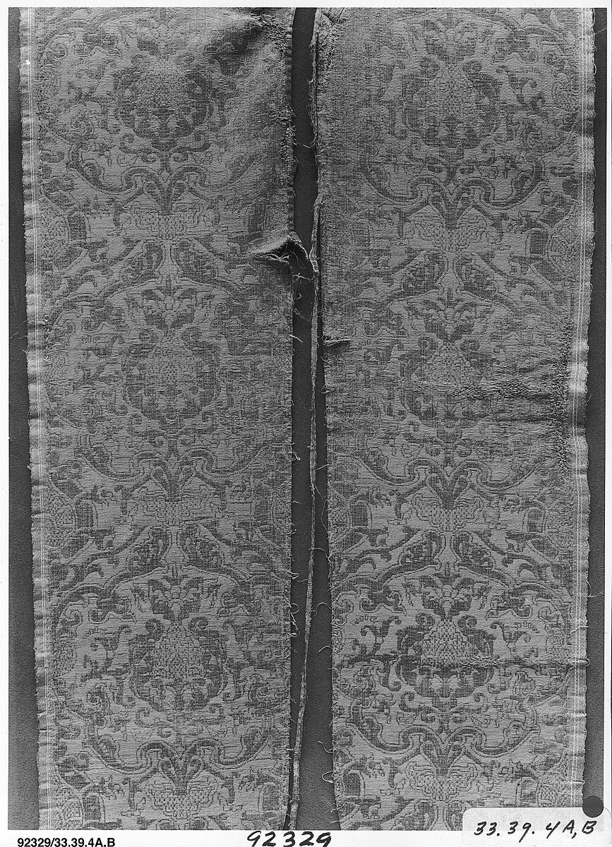 One strip of yellow and green lampas silk; possibly originally part of a chasuble, Linen and silk, Italian, possibly Lucca 