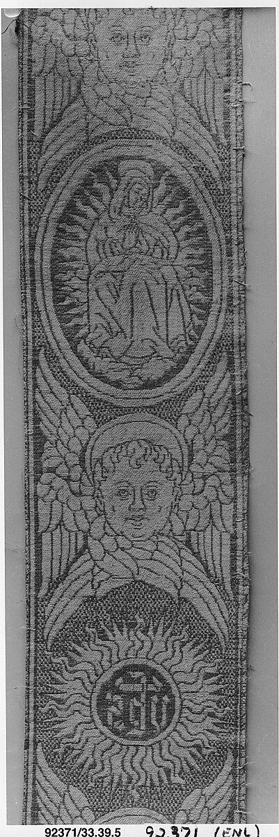 Orphrey woven with figurative repeat design of seraphim with Virgin and Child and reversed IHS Christogram in glories, Silk and linen, Italian, possibly Lucca 