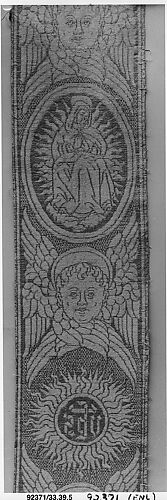 Orphrey woven with figurative repeat design of seraphim with Virgin and Child and reversed IHS Christogram in glories