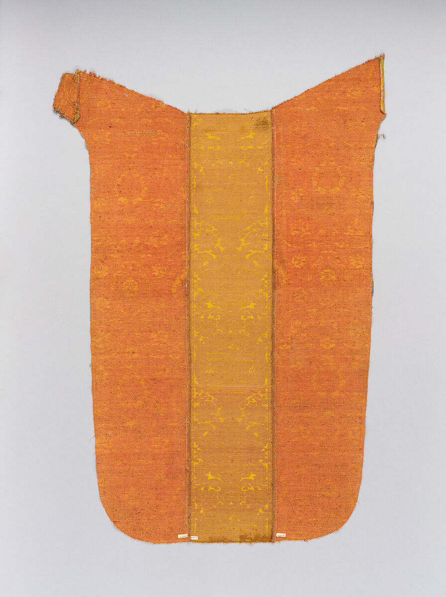 One strip of yellow and red lampas silk; originally part of a chasuble, Silk and metal thread, Italian, possibly Lucca