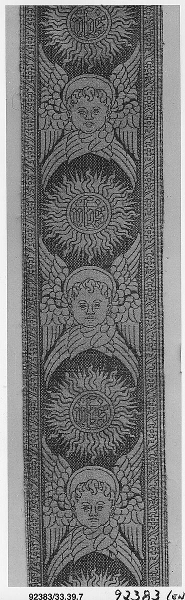 Orphrey woven with figurative repeat design of seraphim with IHS Christogram in glories, Silk and linen, Italian, possibly Florence 