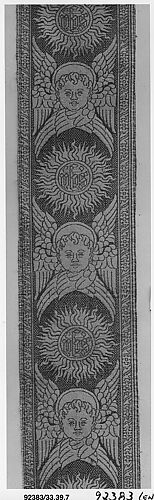 Orphrey woven with figurative repeat design of seraphim with IHS Christogram in glories