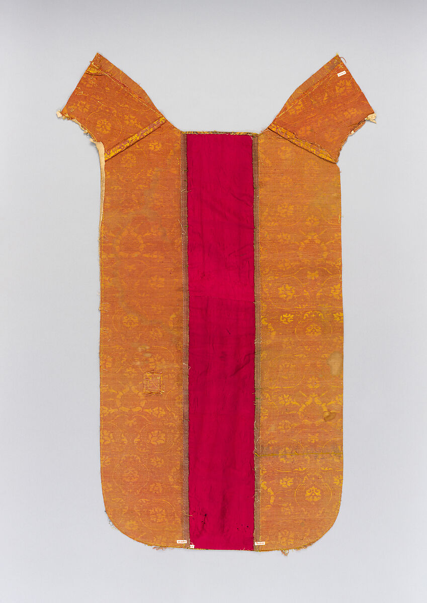 One strip of yellow and red lampas silk; originally part of a chasuble, Silk and linen, Italian, possibly Lucca