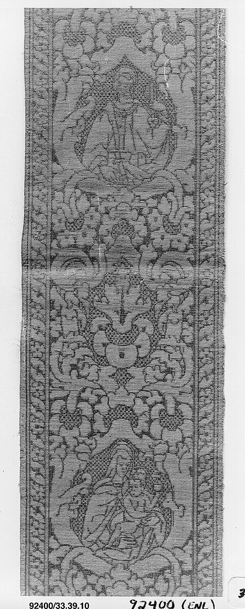Orphrey woven with figurative design of Saint Peter and the Virgin and Child, Silk and linen, Italian, possibly Florence 