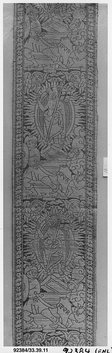 Orphrey woven with figurative repeat design of the Resurrected Christ, Silk and linen, Italian, possibly Florence 