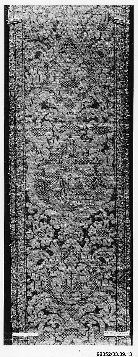 Orphrey woven with figurative repeat design of Christ as Man of Sorrows, Silk, linen and metal thread, Italian, possibly Lucca 