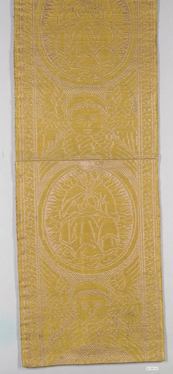 Orphrey woven with figurative repeat design of Seraphim and the Virgin and Child, Silk and linen, Italian, possibly Florence