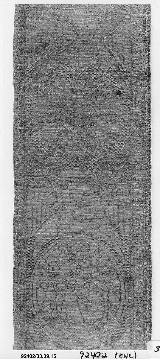 Orphrey woven with figurative design of Seraphim with IHS Christogram in glory, and God the Father holding the Dead Christ, Silk, linen and metal thread, Italian, possibly Florence 